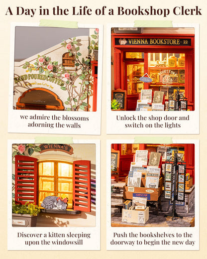 Rolife Book Nook Kit, Vienna Bookstore DIY Miniature Dollhouse Kit with LED Light, 1:18 Scale Miniature Wooden Puzzle for Adults, Mini Building Kit Bookshelf Library Theme Birthday Crafts Gift Decor