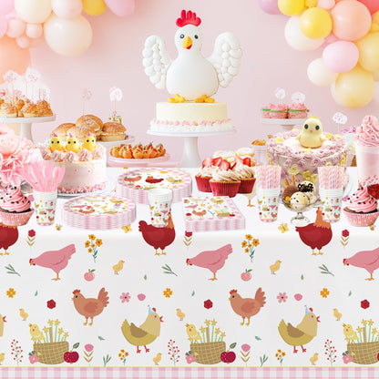 Suhelkit Chicken Party Decorations Tableware for Birthday Baby Shower, Farm Animal Barnyard Little Chick Birthday Party Supplies, Plate, Cup, Napkin, Straws, Disposable Cutlery, Tablecloth, 24 Guests