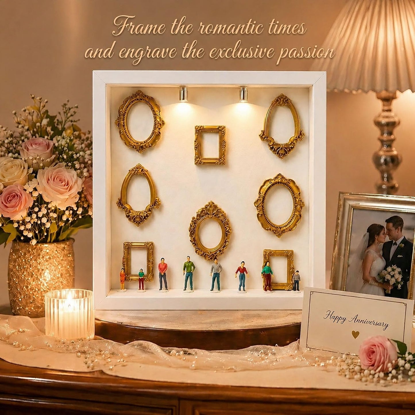 DIY Mini Museum Shadow Box Frame Kit, Personalized Museum of Us Silhouette Display with 8pcs Mini Gold Frames & 8pcs Mini Figurines, Custom Family Memory Box for Wedding, Anniversary & Home Decor