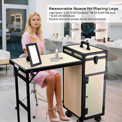 BYOOTIQUE Rolling Manicure Table Nail Station with Handle Foldable Nail Table Rolling Makeup Case with 4 Drawers Traveling Manicure Case on Wheels for Nail Tech, ForgetMeNot Apricot