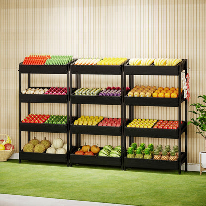 Tribesigns Wood Fruit and Vegetable Basket Stand Rack for Kitchen, Office, Store, Supremarket, Pantry Shelf Unit for Snacks, 4-Tier Wooden Utility Storage Shelves Set of 2 (Black)