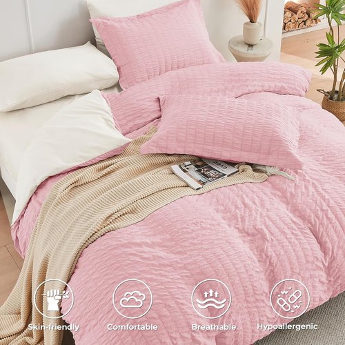 HYMOKEGE Twin XL Comforter Set - 5-Piece Seersucker Bedding in Pink/Ivory | All-Season Luxury Bed in a Bag