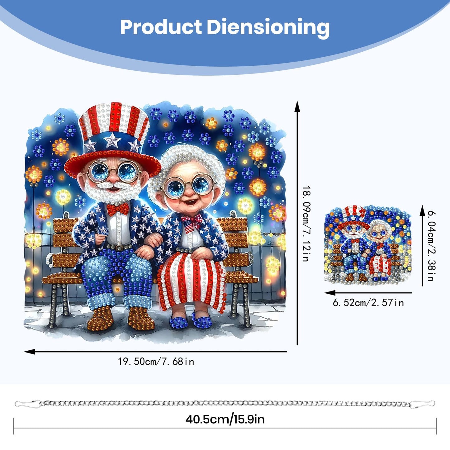 TLIOBLO Patriotic Old Couple Hanging Diamond Art and Key Chains Pendants Boards, Special Shaped Diamond Painting Hanging Sign with Chain Decoration