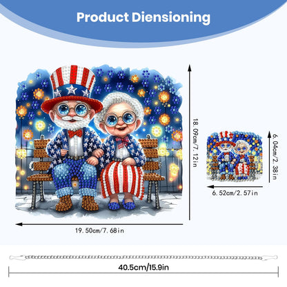 TLIOBLO Patriotic Old Couple Hanging Diamond Art and Key Chains Pendants Boards, Special Shaped Diamond Painting Hanging Sign with Chain Decoration