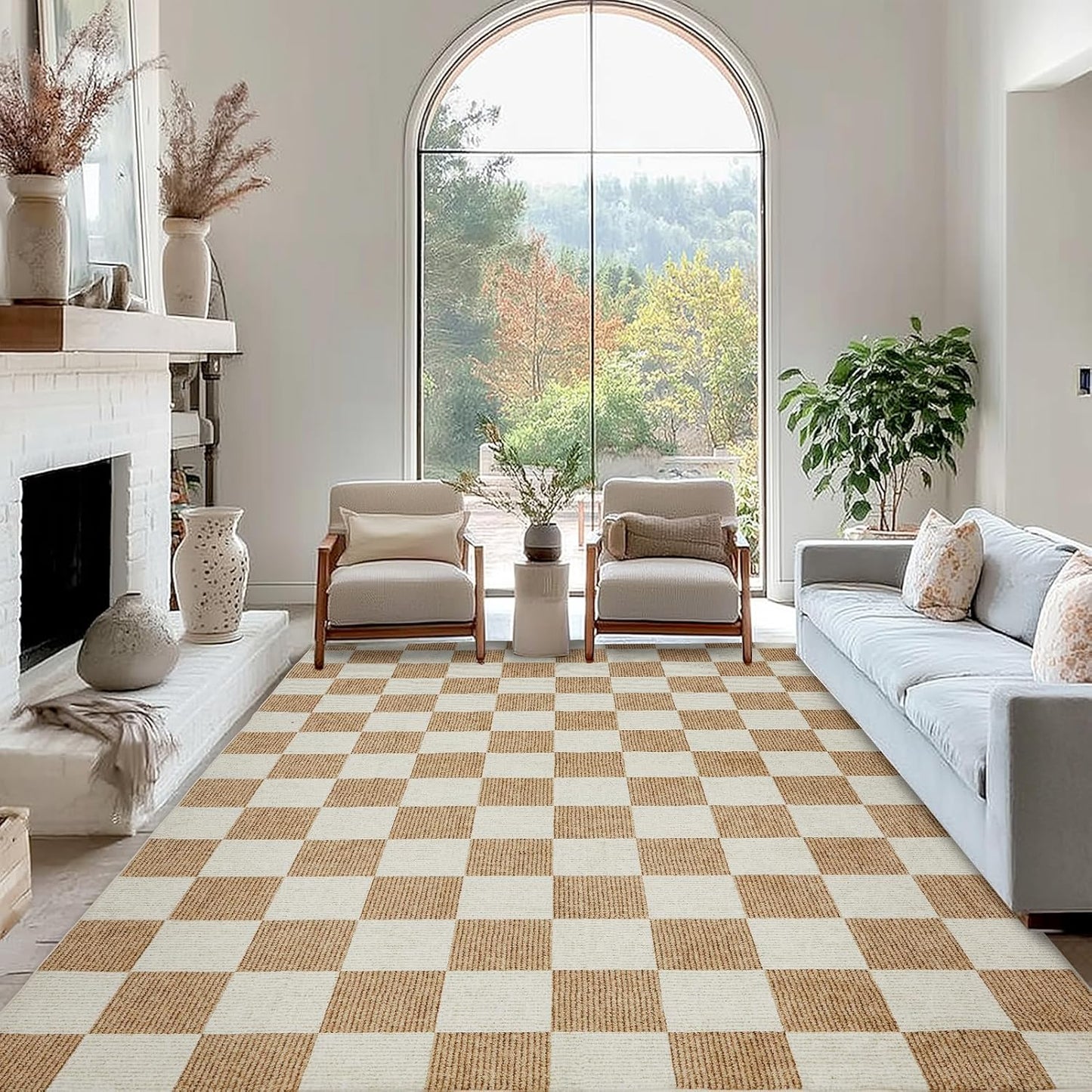 EcoNest 2x3 Washable Door Mat Indoor Entrance Checkered Rug, Beige and White Area Rug,Low Pile Lightweight Indoor