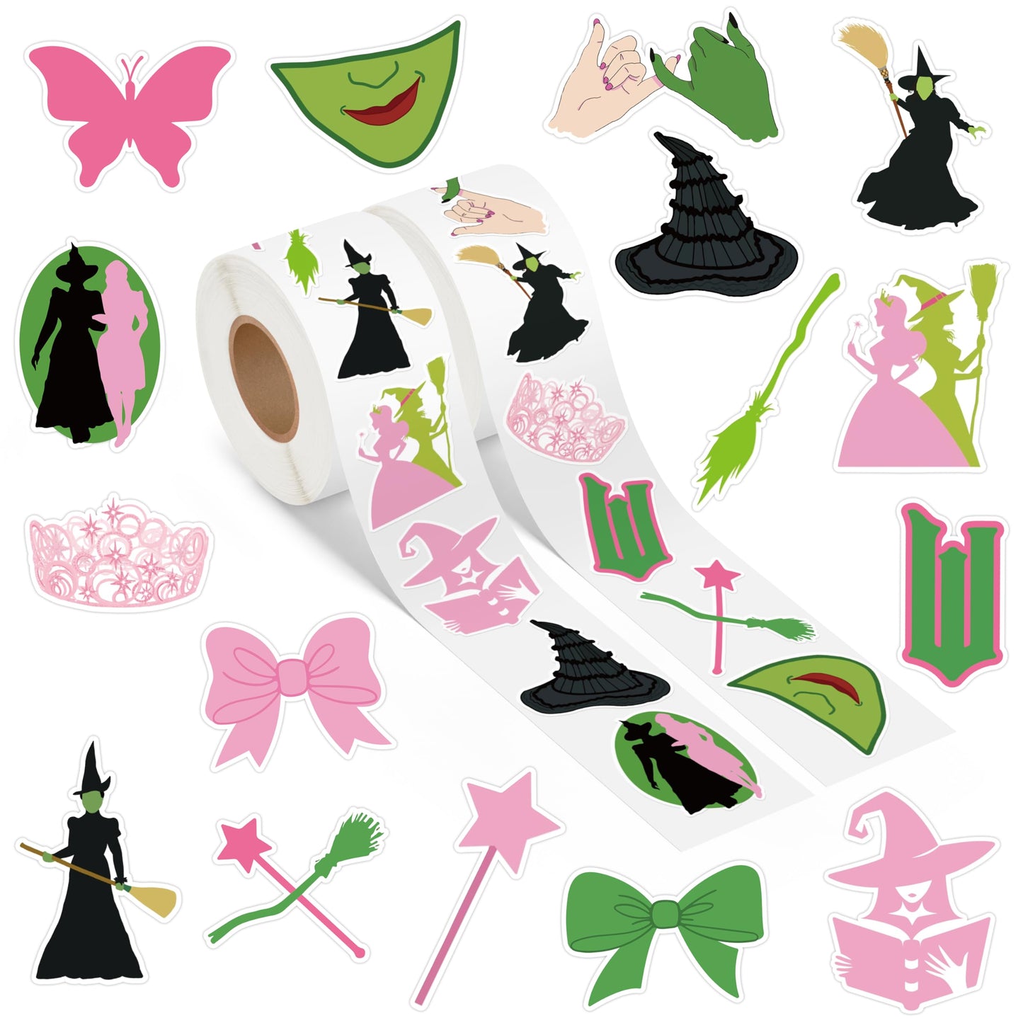 GUjianzhi 1000Pcs Witch Musical Stickers, Pink Crown Black Hat Green Broom Adhesive Decals for Kids Girls, Wicky Witch TV Movie Merchandise Party Decoration for Birthday Gifts Laptop Guitar Luggage