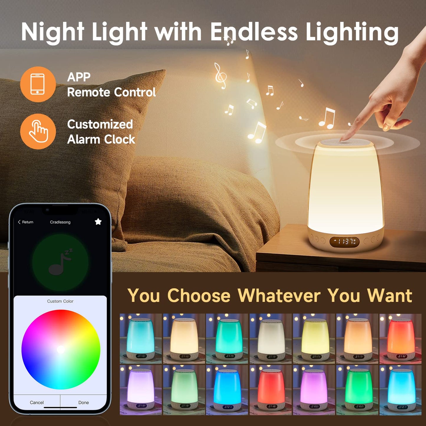 One Fire Baby Night Light for Kids,48 RGB Colors Dimmable Kids Night Light Lamp,Rechargeable Smart Lamp,APP+Timer+Sunrise Alarm Clock Night Lamp,Portable Small Touch Lamp,Kids Night Lights for Bedroom