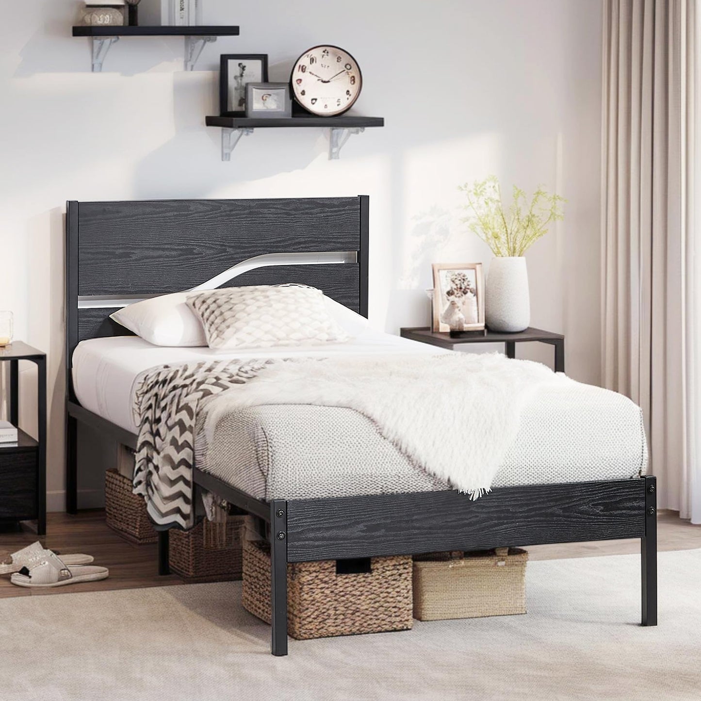 VECELO Twin Size Bed Frame with Wood Headboard, Heavy-Duty Metal Slats Support, Easy Assembly, No Box Spring Needed, Black