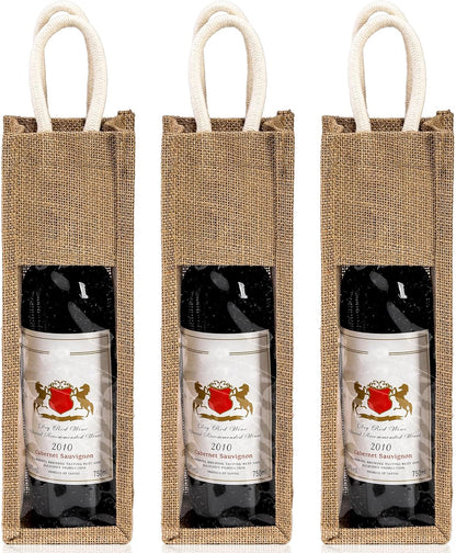 Peohud 3 Pack Burlap Wine Bottle Bags, Jute Gift Bags with Window and Handle for Wedding, Birthday, Christmas