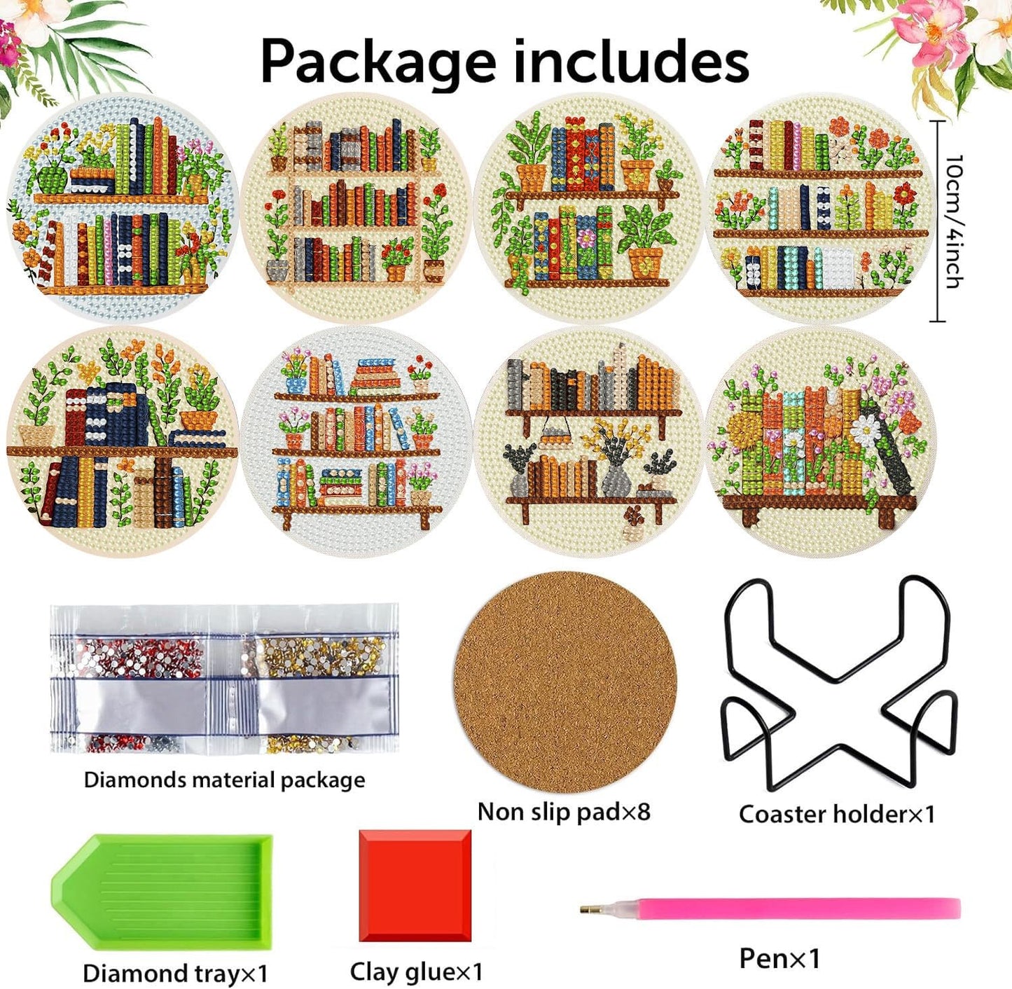croshom Books Diamond Art Coasters Kits, 8 Pieces Books Diamond Painting Coasters with Holder, Books Coaster Diamonds Art Painting Kits for Adults, 5D DIY Wooden Coaster for Gift
