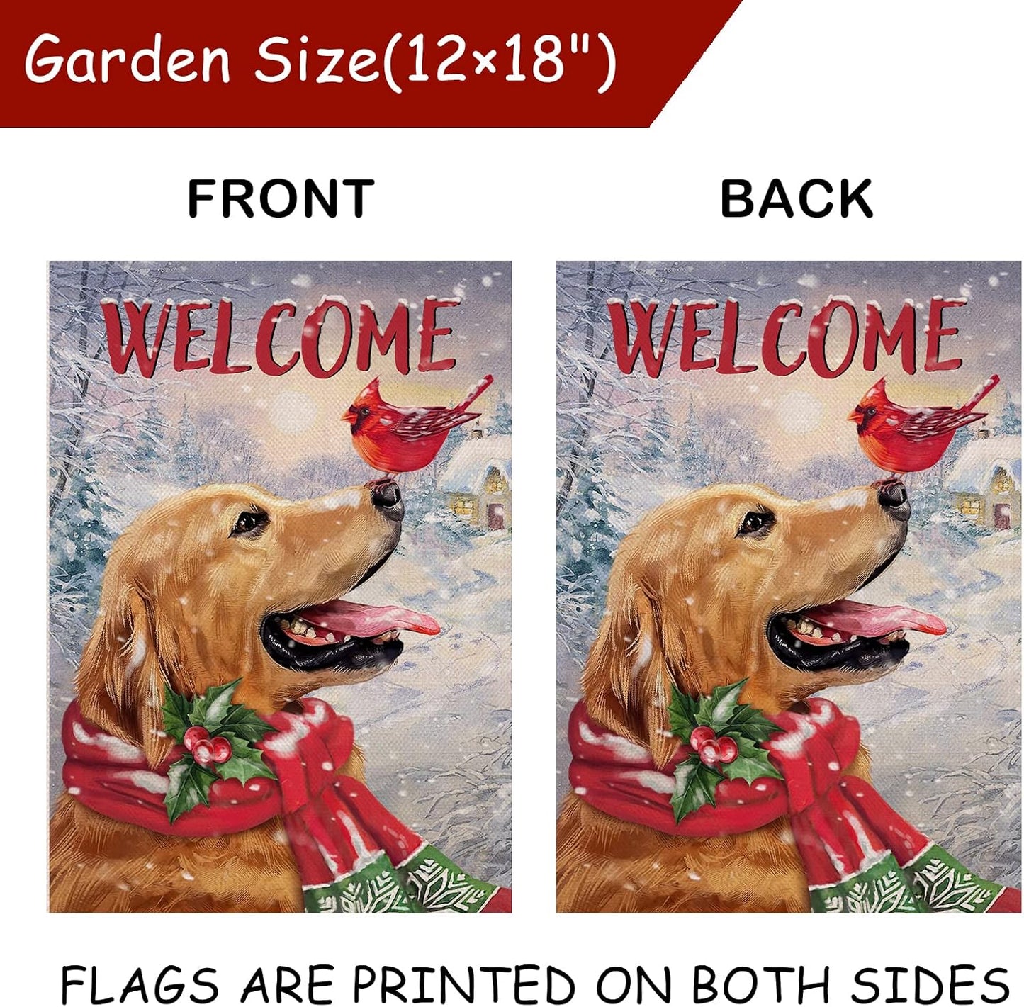Welcome Winter Golden Retriever Dog Decorative Burlap Garden Flag, Puppy Cardinal Pet Home Yard Decor, Double Sided 12