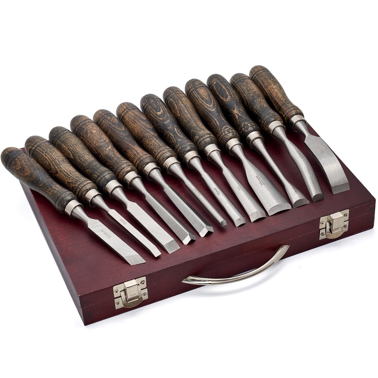 SELFIE CAT 12 Piece Wood Chisel Set for Woodworking Tools Wood Carving Tools with Wooden Case Wood Carving Kit for Beginners and Professionals Black Walnut