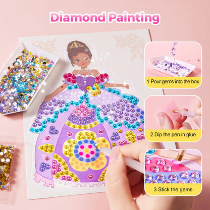 Jar Melo 4 in 1 Princess Art Craft Kits, Foil Crafts Art Fun & Gem Painting, Makeup Diamond DIY Activity, Dress Up Sticker Books,Travel Toys, Ideal Toys for Girls Ages 6 7 8+ Years Old