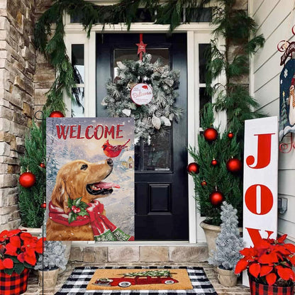 Welcome Winter Golden Retriever Dog Decorative Burlap Garden Flag, Puppy Cardinal Pet Home Yard Decor, Double Sided 12
