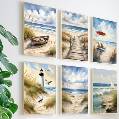uuxsretaio 6 Pack Paint by Numbers Kits for Adults Beginners, Beach Paint by Number Kits on Canvas, DIY Acrylic Oil Painting Kits with Brushes for Home Wall Decor (8x12 inches Without Framed)