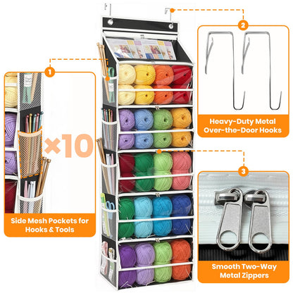 LASTORA Heavy-Duty Oxford Hanging Yarn Storage Organizer with 6 Tiers, Odorless Over the Door Yarn Holder for Crochet and Knitting Lovers, 5 Large Pockets + 1 Tool Section, Black
