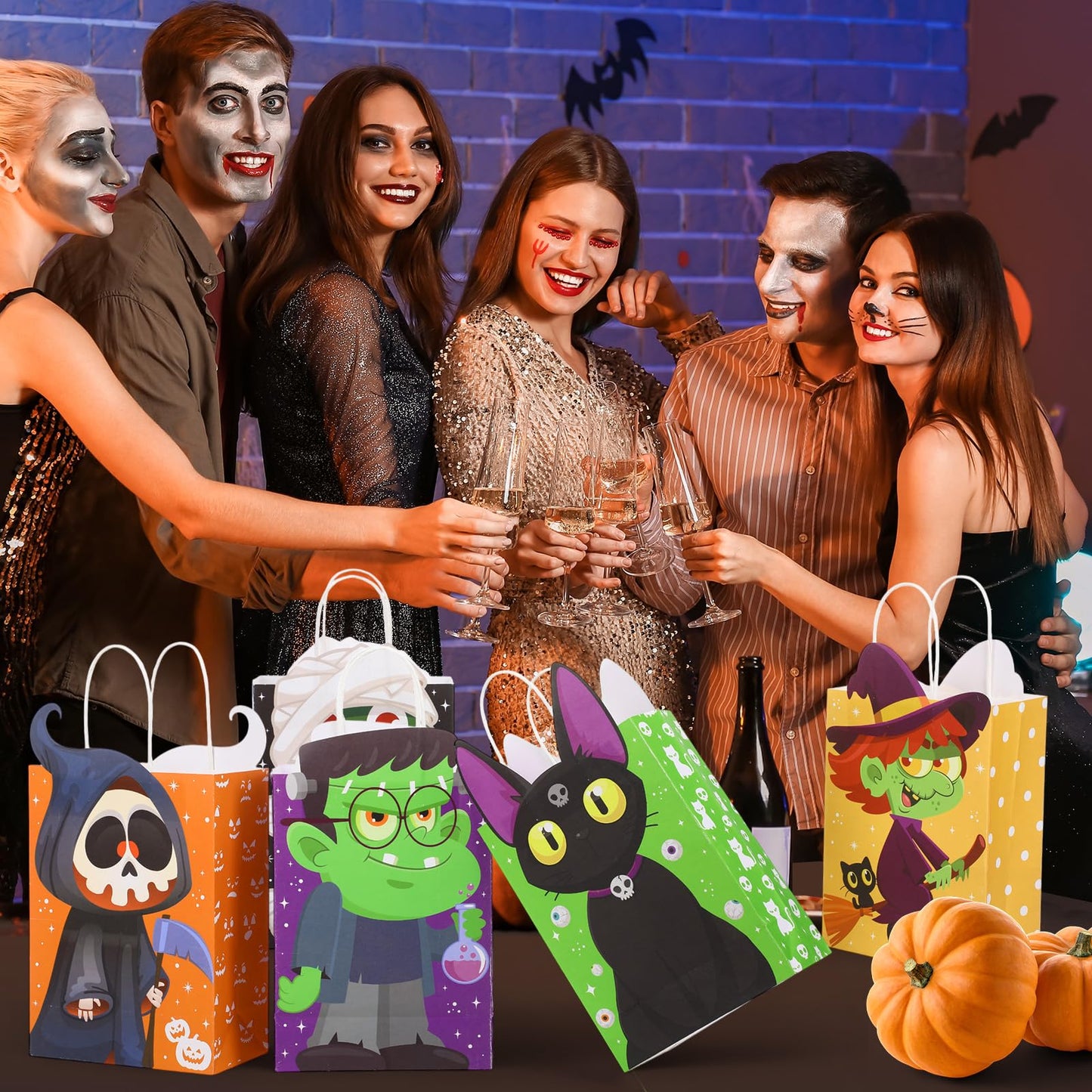 Pajean 18 Pcs Halloween Party Gift Bags Halloween Paper Treat Goodie Bags with Handles Mummy Skeleton Black Cat Candy Cookie Wrap Party Favors for Trick or Treat Favors Supplies