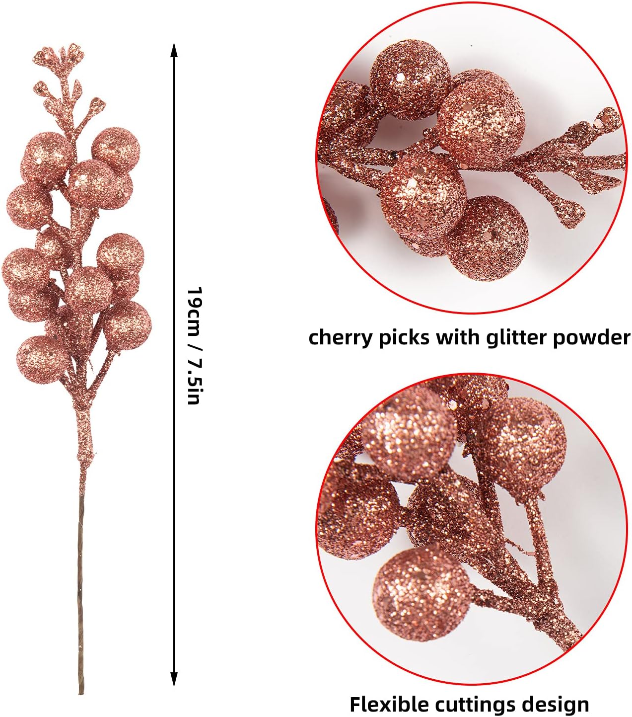 Crafare 24 Pack Rose Gold Christmas Glitter Berries Stems, Artificial Christmas Picks for Tree Ornaments, Crafts,