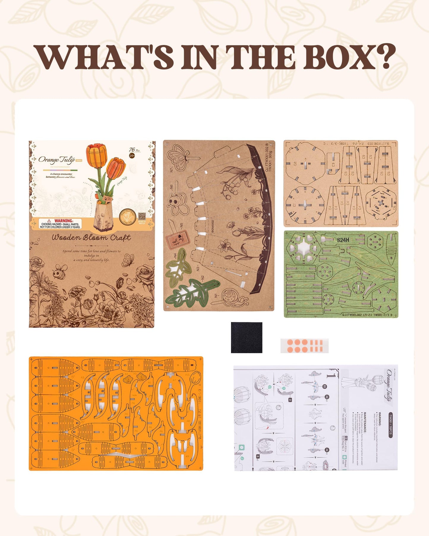 ROBOTIME 3D Puzzle Orange Tulip TW081, DIY Wooden Flower Craft, Artificial Flowers Model Kit to Assemble for Adults, Home Decoration and Valentine's Day Gift Set