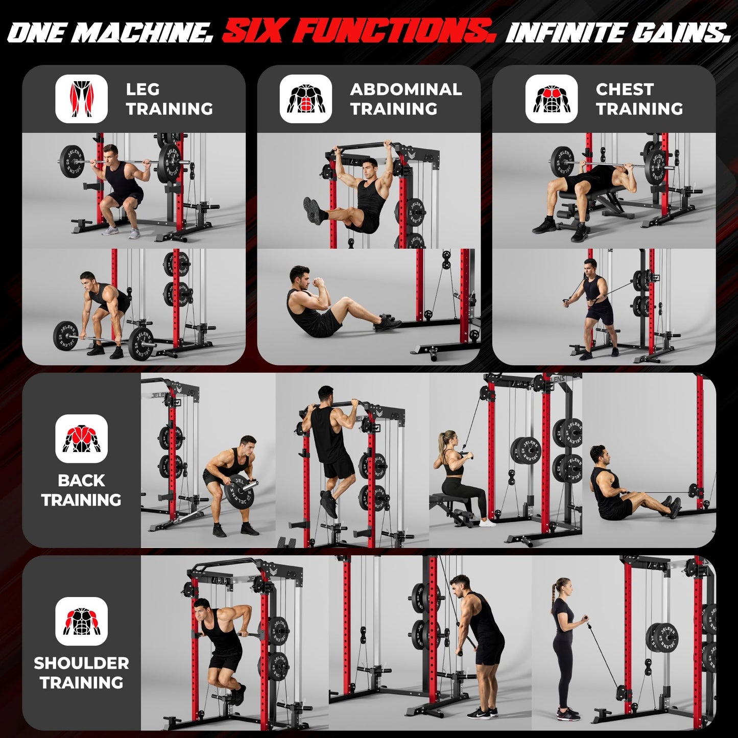 JELENS C21 Power Cage, 2000LBS Multi-Function Power Rack with Independent Dual Pulley System, All-in-One Squat Rack for Cable Crossover, Home Gym Workout Machine (Red, 370lbs Color)