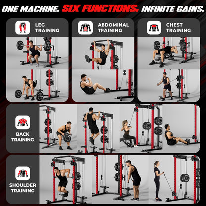JELENS C21 Power Cage, 2000LBS Multi-Function Power Rack with Independent Dual Pulley System, All-in-One Squat Rack for Cable Crossover, Home Gym Workout Machine (Red, 370lbs Color)