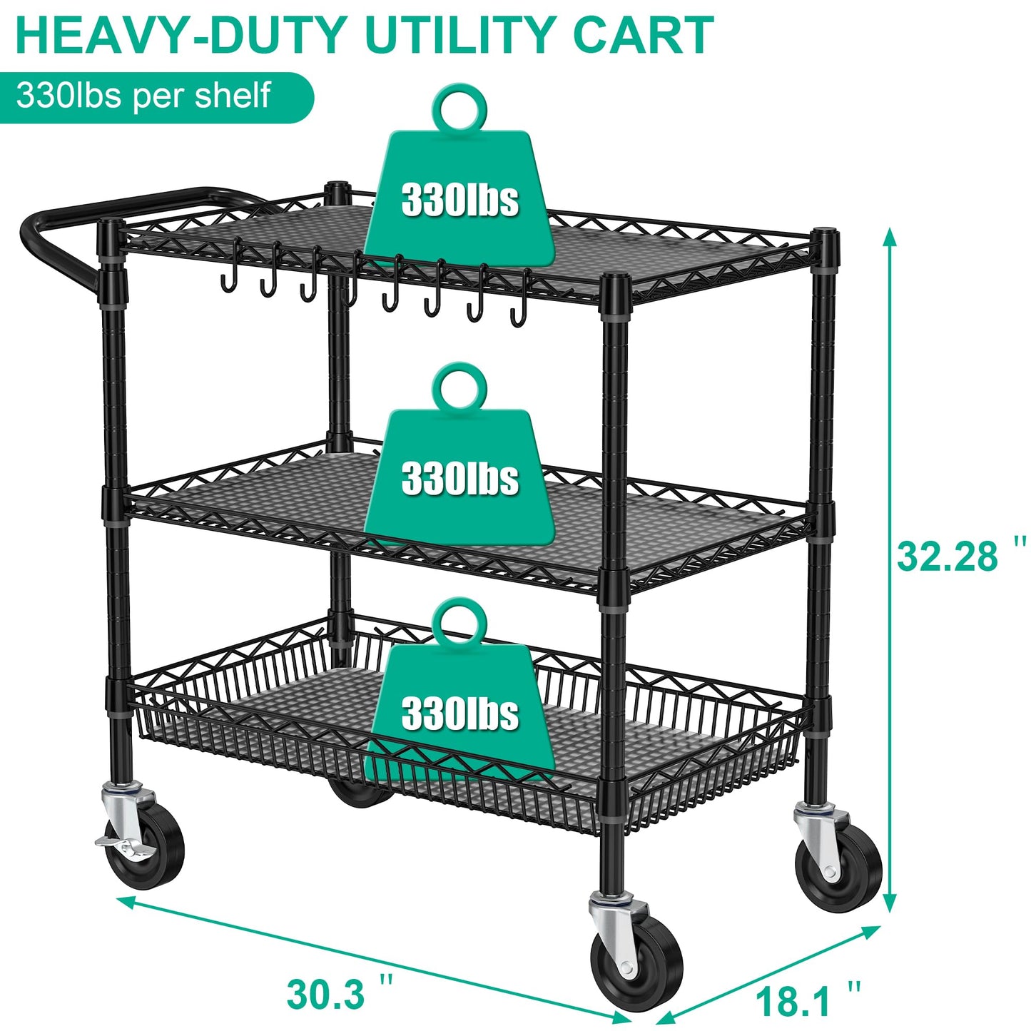 Folews Heavy Duty Rolling Cart with Wheels, 3 Tier Commercial Grade Utility Cart, Metal Storage Organizer Trolley with Handle Bar & Shelf Liner for Pantry, Laundry Room & Household Supplies, Black
