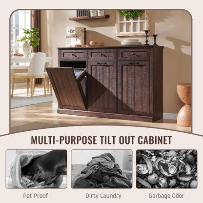 IFBUY Triple Tilt Out Laundry Hamper Cabinet, 20 Gallon Farmhouse Trash Can Cabinet w/Drawer & Adjustable Shelf, Hidden Garbage Can Bin Cabinets w/Laundry Basket for Bathroom, Kitchen (Brown)