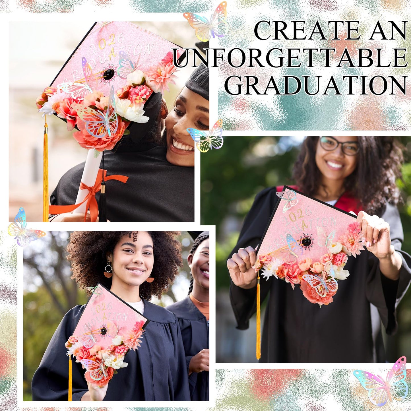 Wavwavw 44 Pcs DIY Graduation Cap Decorations Kit Pink Grad Cap Decorations 3D Artificial Flowers Butterfly Decals Rhinestone Pearl Stickers Letter Stickers Glitter Paper for 2026 Grad Hats Decor
