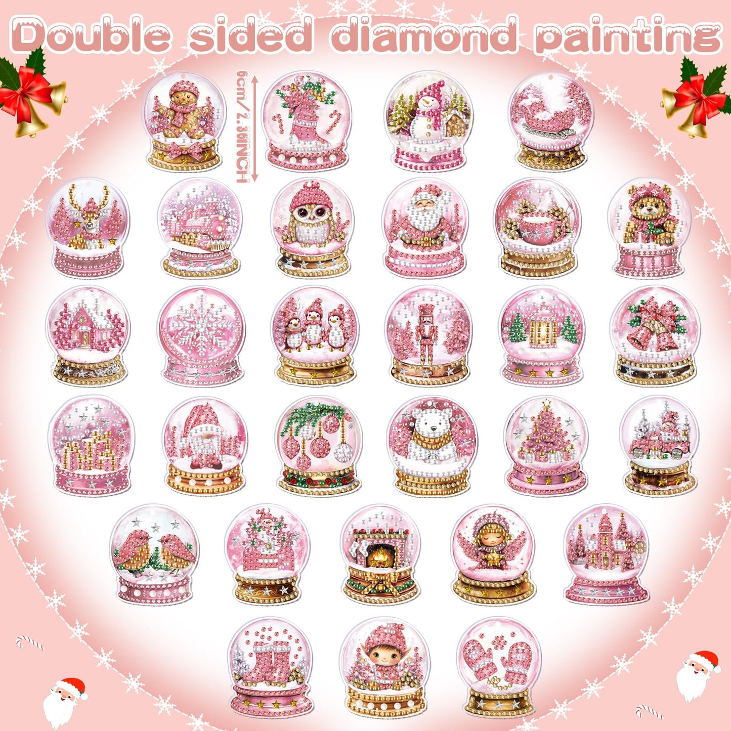 WILLBOND 30 Pcs Pink Crystal Ball Diamond Art Kits for Adults Pink Snowflake Gnome Diamond Painting Ornaments DIY Double Sided Keychain Kits Christmas Winter Key Ring Art Pendant Xmas Tree Decor
