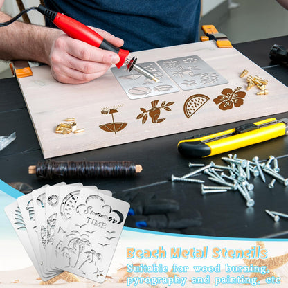 Lewtemi 6 Pcs Mixed Metal Stencil Wood Stencil Templates Stencils for Journaling Burning Stencils for Wood Carving Drawing Engraving Scrapbooking Journal Craft DIY (Summer Style)