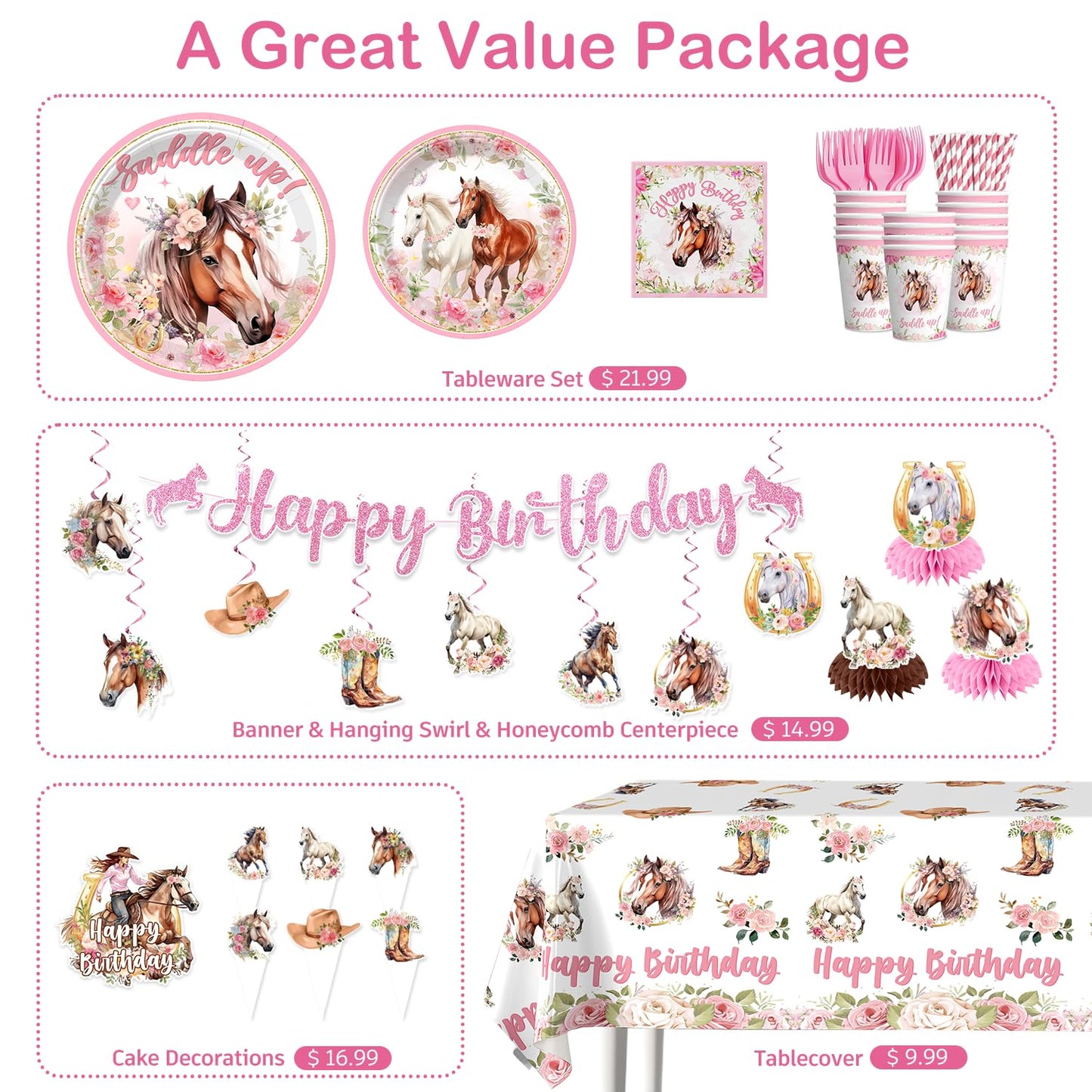 214Pcs Cowgirl Birthday Party Decorations Serve 25, Horse Party Supplies Includes Backdrop, Plates, Napkins, Cups, Banner, Hanging Swirl, Tablecloth, Cake Topper for Girl Birthday Decorations
