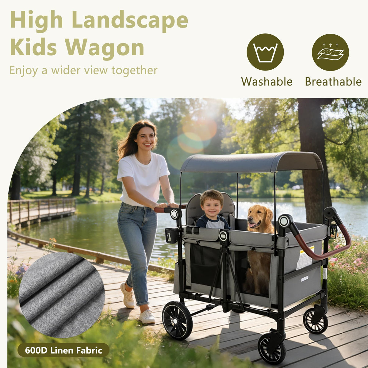 Kinder King Wagon Stroller for 4 Kids, All-Terrain Foldable Outdoor Stroller Wagon 4 Seater, Removable Canopy, Adjustable Handle, Detachable Tray, Large Storage, Grey