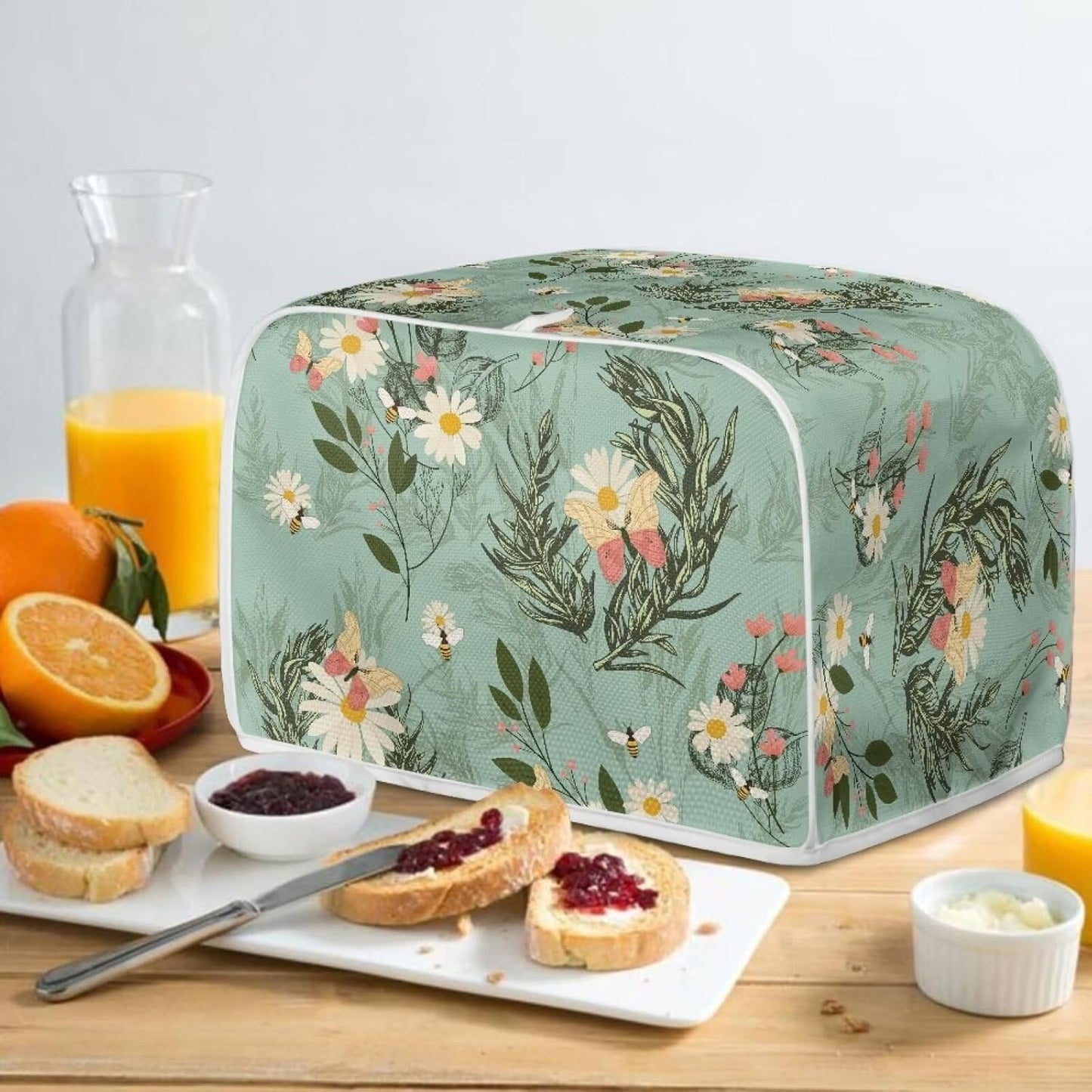 Toaster Dust Cover 4 Slice, Stain Resistant Kitchen Appliance Cover with Top Handle, Daisy Bee Leaf Blue
