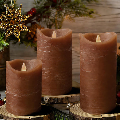 EZiKitchen Real Wax Flameless Candles Set of 3 (D 3" x H 4" 5" 6") Battery Operated LED Candle with Timer Home Decorative Pillar Flickering Lights,Wedding Party Events Decor,Brown