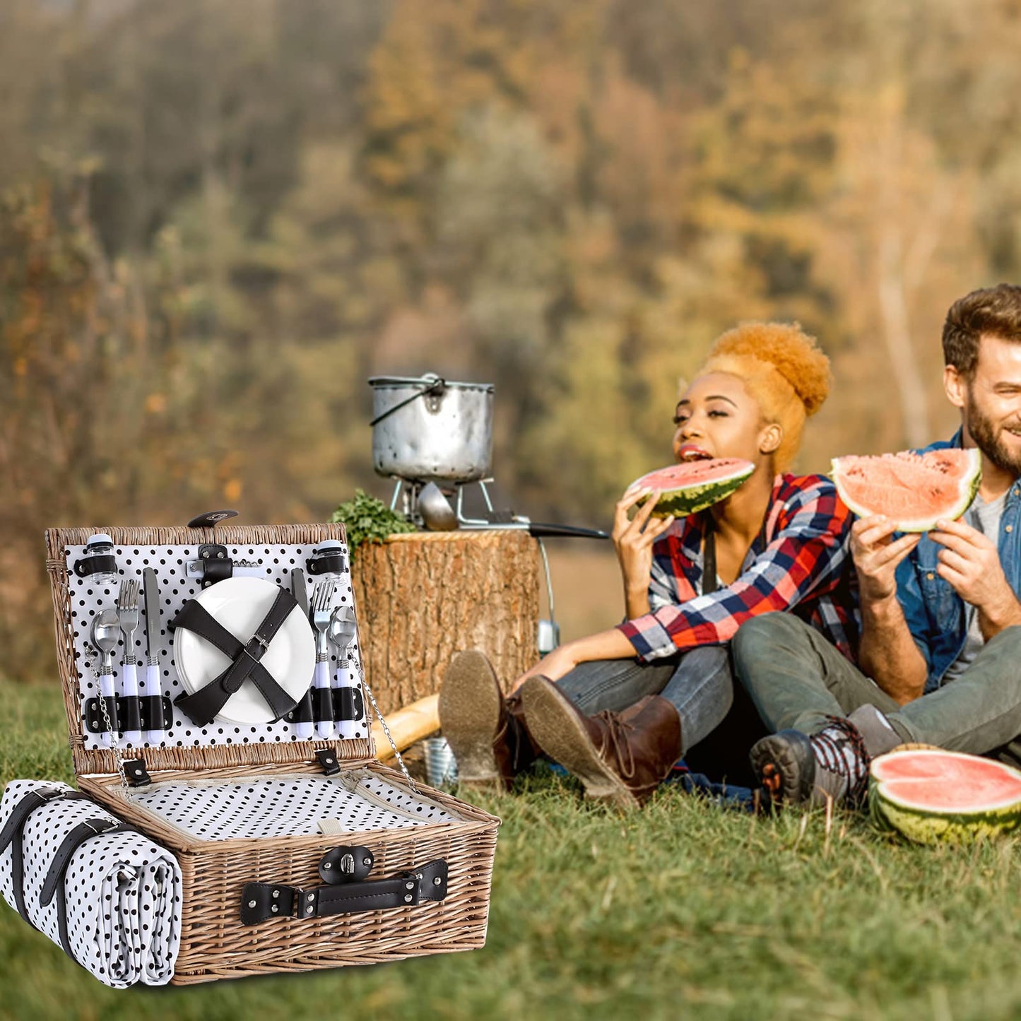 HYBDAMAI Picnic Basket for 4 Persons with Waterproof Picnic Blanket and Insulated Cooler, Large Wicker Picnic Basket for Camping, Outdoors, Valentine's Day, Christmas, Birthday, Wedding Gift
