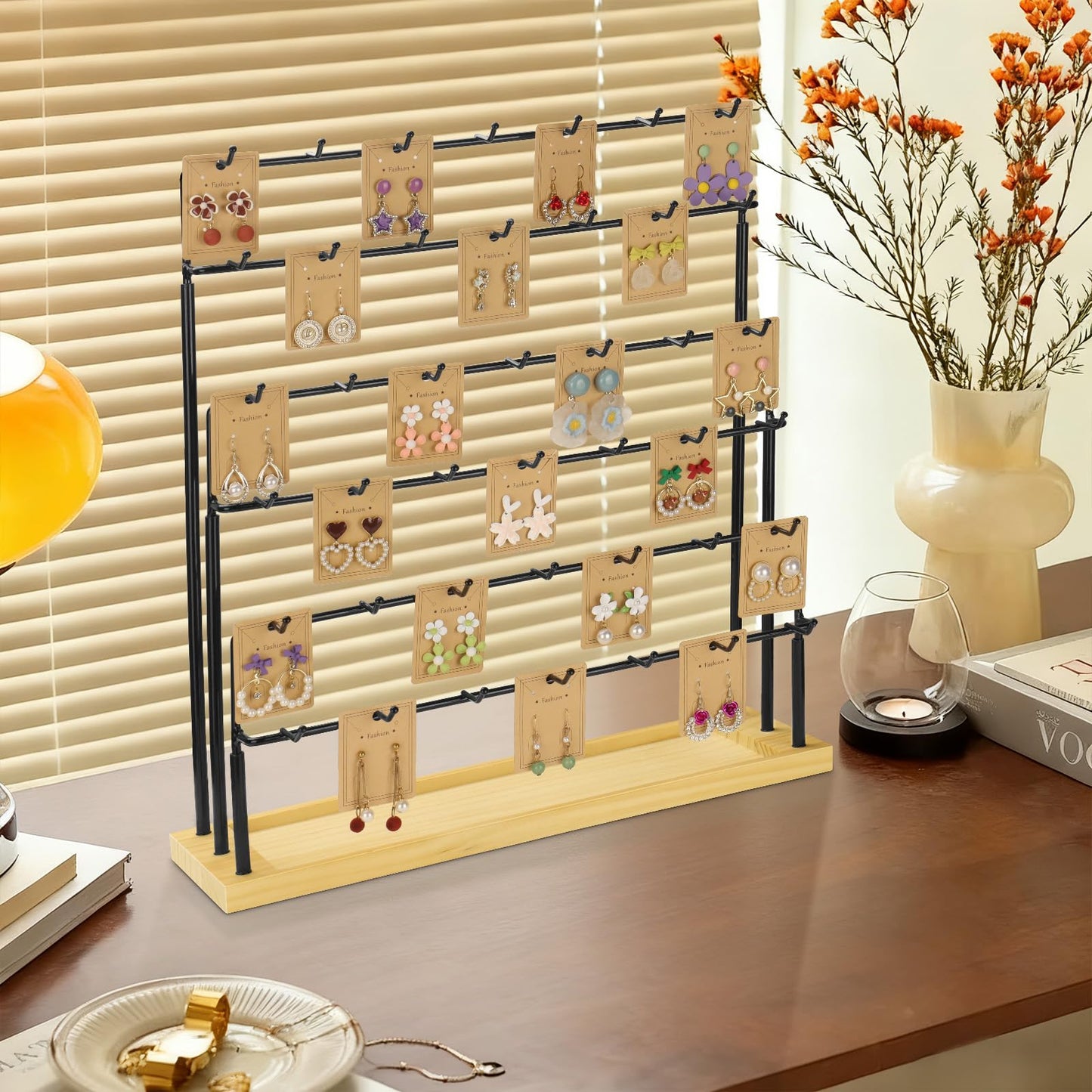 Jewelry Display for Vendors,6 Tiers 42 Hooks Earring Rack Display Holder Stand, Earring Organizer Holder for Necklaces Rings Bracelets Keychains,Jewelry Display for Selling with Earrings Cards-Black