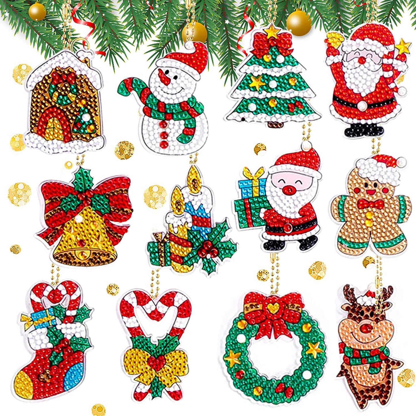 TSJ 12 PCS Christmas Diamond Painting Keychains DIY Diamond Art Ornaments Christmas Hanging Diamond Painting Kits