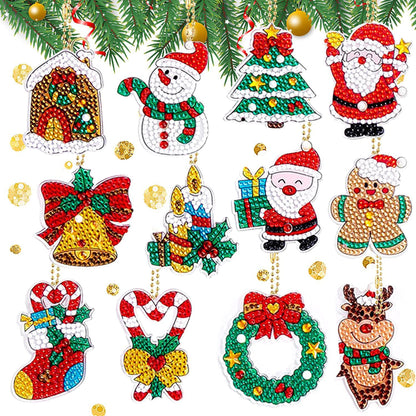TSJ 12 PCS Christmas Diamond Painting Keychains DIY Diamond Art Ornaments Christmas Hanging Diamond Painting Kits