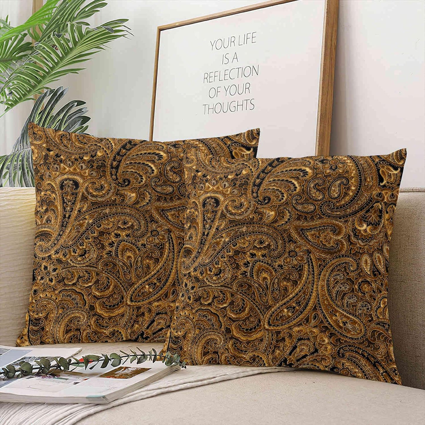 Pretty Brown Beige and Black Floral Paisley Decorative Throw Pillow Cover, 20X20 Inch Polyester Cushion Case