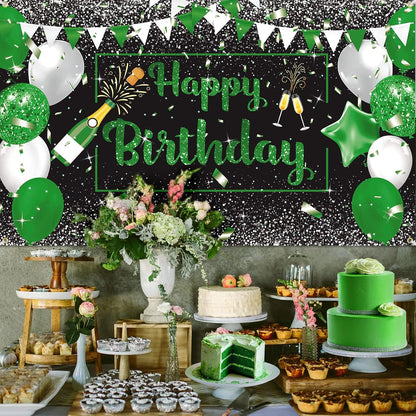 Green Silver Black Happy Birthday Banner Decorations, Champagne Glass Balloons Photo Booth Background for Party Supplies