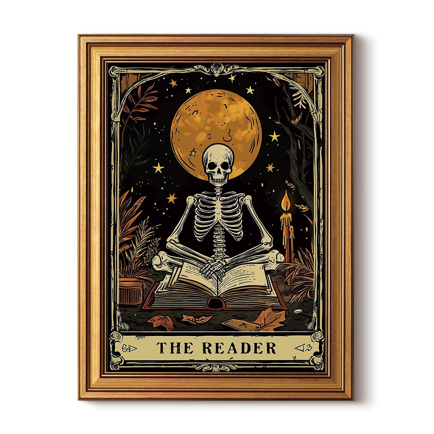 HUARCEY Gold Framed Canvas Wall Art, Skeleton Reader Tarot Picture Decor, Library Reading Room School Decor, Book Lover Witchy Gothic Halloween Canvas Paintings, 12x16inch