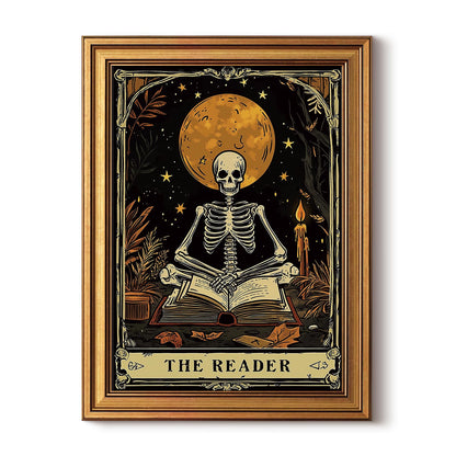 HUARCEY Gold Framed Canvas Wall Art, Skeleton Reader Tarot Picture Decor, Library Reading Room School Decor, Book Lover Witchy Gothic Halloween Canvas Paintings, 12x16inch