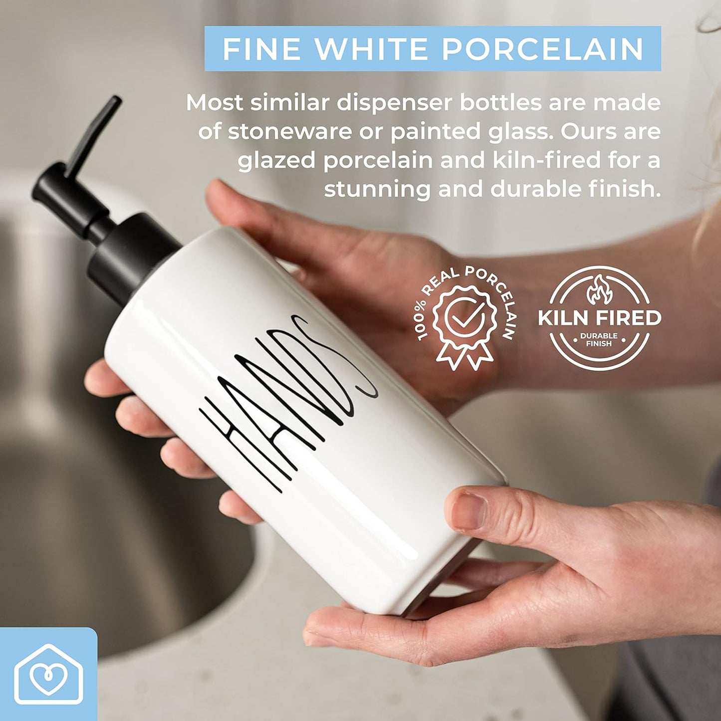16oz Heartland Home Porcelain Empty Liquid Dispenser Bottle for Hands. Hand Soap Dispenser for Bathroom, Hand Lotion