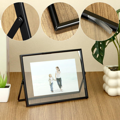 QWORK 6x8 Inch Black Floating Picture Frame Horizontal, Fits 5x7 4x6 3x5 Photos, Glass Double Panel Metal Frame for Tabletop Display