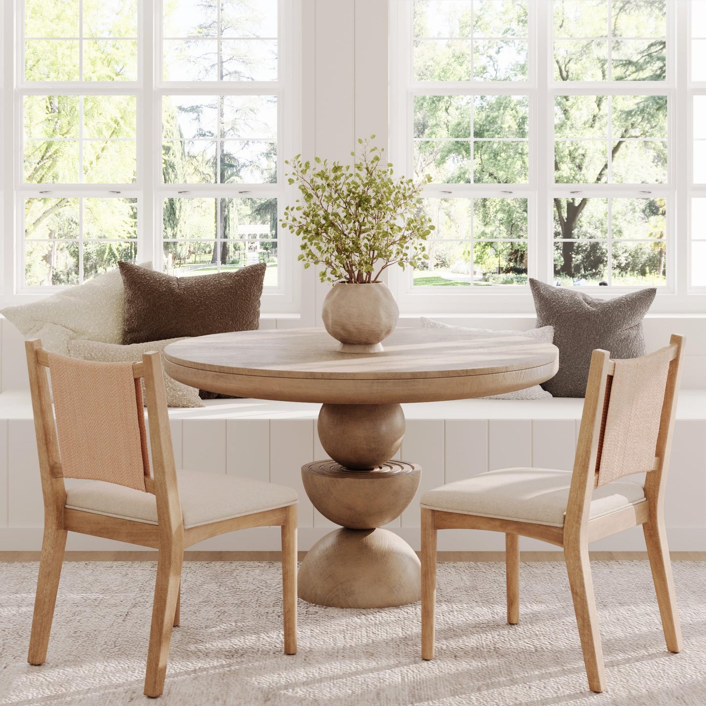Nathan James Elodia Upholstered Dining Chair with Seagrass Back Solid Wood Modern Dining Room Chair with Natural Flax Upholstery, Light Brown