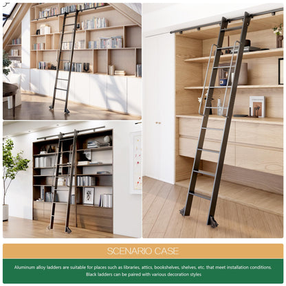 104RDHOUSE 9FT Lightweight Aluminum Rolling Step Ladder 108",Rolling Library Ladder with Wheels,Industrial Sliding Ladder for Home Library,Bookshelf, 4FT Hook Ladder Bookcase Track Kit for Home