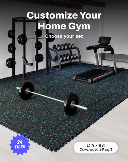 AIRHOP 0.56in Thick 96 Sq Ft Exercise Equipment Mats, 24Tiles Upgraded Rubber Top with High Density EVA Foam, Large Interlocking Puzzle Gym Flooring for Home Gym, Heavy Weight Workout, Black & Blue