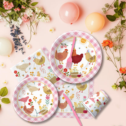 Suhelkit Chicken Party Decorations Tableware for Birthday Baby Shower, Farm Animal Barnyard Little Chick Birthday Party Supplies, Plate, Cup, Napkin, Straws, Disposable Cutlery, Tablecloth, 24 Guests