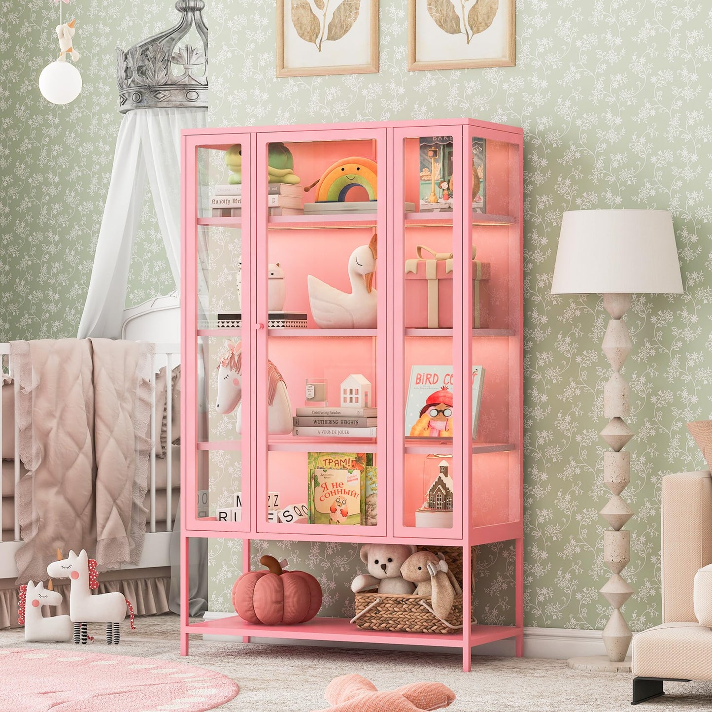 Merax 67" Tall Glass Display Cabinet with Adjustable Shelves and LED Lights, for Collectibles, Modern Steel Storage Curio Cabinet with 3-Sided Glass Display Case for Home Office Study Room, Pink