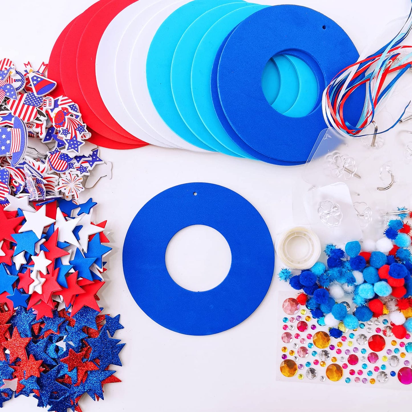 Winlyn 12 Sets 4th of July Craft Kits Patriotic Crafts DIY Patriotic Wreath Signs Ornaments Decorations Art Sets Red White Blue Star USA Flag Pinwheel Foam Stickers Arts and Crafts for Kids Activities